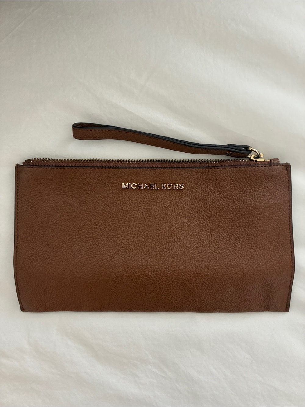 Michael Kors Brown Leather Wristlet Pouch with Gold Logo